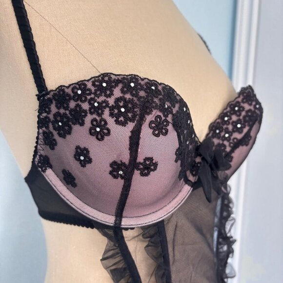 Victorias Secret Apron Lingerie 34C Black Sheer Mesh Lace Bustier French Maid - Picture 2 of 9